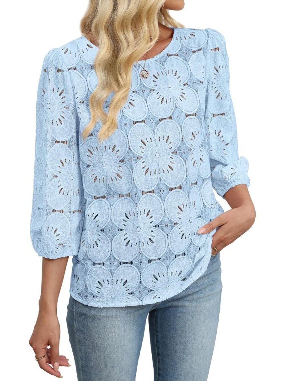 Women's Blouse Blue Dressy Casual Long Sleeve Tops Eyelet Lace Summer Shirts - Picture 3 of 5